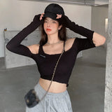 Shoulder Crop Top Autumn Women Sexy Hollow Out Long Sleeve Tee Shirt Slim Skinny Ribbed Knitted T-shirt Irregular