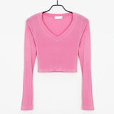 Five Colors Pink Autumn New Top Women's Korean V-neck Sexy Long Sleeve T-shirt Tight Bottoming Summer Big Bust