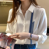 Han Queen New Blouse Women Spring Autumn Single Breasted Turn-down Collar Shirts Office Work Blouse Chiffon Vintage Loose
