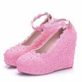 Lace Wedding Shoes Slope Heel Single Shoes Buckle With Slope Heel Shoes Waterproof Table Large Size