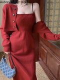 Red Knitting Dress Women Korean Fashion Office Lady Two Piece Dress Female Winter Warm Casual Christmas Party Dress