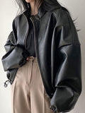 Black Leather Jacket with Drawstring and Collar
