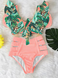 Ruffled Hem Bikini Set Women Flora V-Neck High-Waisted Two Piece Swimsuit 2023 Girl Beach Bathing Suit Swimwear