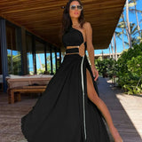Fashion One Shoulder Green Long Dress Women Hollow Out Bodycon Summer Beach Dresses Side Split Wedding Party Vestidos