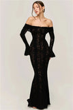 Lace Long Sleeve Off-shoulder Dress- Outfit