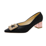Small Thick With High Heels Spring And Autumn New Fashion Pearl Diamond Buckle Tip In The Heel Single Shoes Fairy Wind Women's