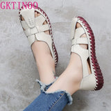 Genuine Leather Women Flats Hollow Woman Shoes Summer Women's Loafers Breathable Beach Female Sandals Big Size