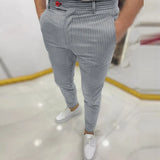 Spring Autumn Mid Waist Skinny Long Pants Business Casual Men's Slim Trousers Fashion Striped Printing Pencil Pants For