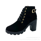 Zingj High Heel Single Boots Belt Buckle Women's Shoes Thick Heel Ankle Boots Round Head Martin Boots Women's Lace-Up Belt And Nude Boots Knight Boots-Outfit