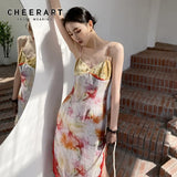 Sexy Backless Painting Print Aesthetic Slip Dress For Women 2021 Pink Tunic Long MIdi Spaghetti Strap Cami Dress