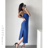 Zingj Summer New Hot Girl Sexy Fashion Flat Mouth Word Shoulder Solid Color Slim Forked Dress