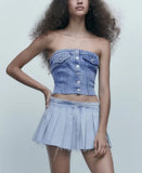 Denim Button Corset Tube Top-Outfit