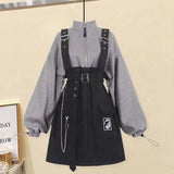 Women Gothic Punk Lolita Dress Casual High Waist Long Sleeve Girl Fake Two Piece Contrast Patchwork Dresses+Belt