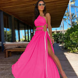 Fashion One Shoulder Green Long Dress Women Hollow Out Bodycon Summer Beach Dresses Side Split Wedding Party Vestidos