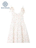 Floral Print Dresses Women Casual Chic Sexy V-neck Backless Pleated Dress Slit Lace-up Sleeveless Y2k Mini Vestidos