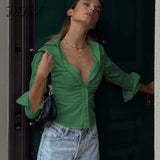 V Neck White Long Sleeve T Shirts Women Elegant Ruched 2021 Autumn Winter Green Sexy Crop Top Casual Y2K Fashion