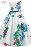 Print Vintage Dress Women Summer Pin Up Retro 50s Rockabilly Sleeveless A-Line Midi Party Dresses