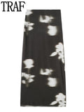 Printed Tulle Skirt Woman High Waist Mesh Skirt Sets Elegant Long Skirts For Women Fashion 2023 Autumn Winter