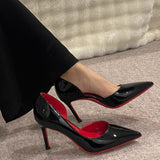 And Summer 2025 New Pointed Temperament Patent Leather Bare Red-Soled High-Heeled Shoes Women's Fine Side Air Work Shoes Single