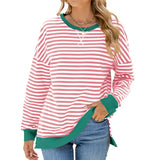 Zingj New 2024 Round Collar Stripe Splicing Split Loose Hoodie Top-Outfit
