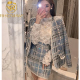 Blue French Small Fragrance Coat Women's Autumn 2021 New Temperament Celebrity Net Tweed Suit Skirt Two Piece