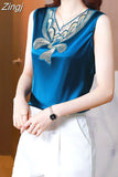 Fashion Top Woman V-neck Tank Tops Printed Vintage Ladies Crop top Female Women's T-shirt Satin Lace Summer Woman