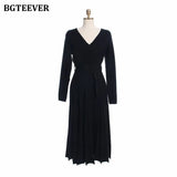 Elegant V-neck Thick Warm Women Knitted Pleated Dress Long Sleeve Belted Sashes Ladies Sweater Dress 2020 Autumn