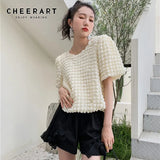 Designer Puffy Plaid Summer Womens Tops And Blouses 2021 Fashion Short Sleeve Crew Neck Beige Top Korean