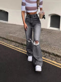 Broken Hole Slim Horn Jeans Woman-Outfit