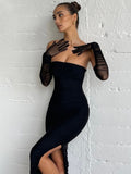 Elegant Ruched Off-shoulder Split Gown Maxi Dress Women Summer Mesh Gloves Draped Sexy Bodycon Dresses Vestido