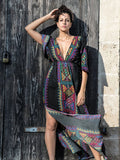 Summer Women Tunic Beach Wear Sexy Plunging Neck V Back Side Split Black Indie Folk Embroidery Kaftan Dress Vestidos
