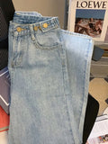 Mujer Summer Fashion Oversized Streetwear Retro Flower Print High Waist Blue Straight Casual Women Denim Trousers