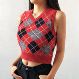 V Neck Vintage Argyle Sweater Vest Women Black Sleeveless Plaid Knitted Crop Sweaters Casual Autumn Preppy