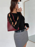 Women's Casual Long-Sleeved Round-Neck Solid-Colored Hollow