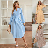 Autumn And Winter New Women's Casual V-Neck Stripe Strap Closed Waist Shirt