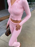 Knit Zipper Hodded Top And Pants Set-Outfit