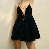 Velvet V-Neck Backless Strap Mini Dress- Outfit
