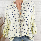 Summer Women Long Sleeve Dot Print Blouses Office Lady Loose V Neck Beach Shirt Casual Tunic Blouse Oversized
