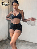 black fishnet rhinestone mini summer dress women Glitter bodycon club party dress see through bikini cover up beach