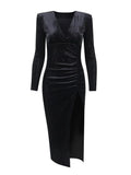Velvet Dress Women High Split Sequin Sexy Folds Shrug Casual Elegant Long Sleeve Fall Bodycon Clubwear Christmas