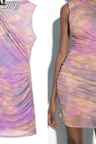 Print Tulle Short Dresses For Women Ruched Mesh Mini Dress Woman Beach Summer Dress Women 2023 Sleeveless Party