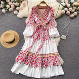 Autumn And Winter Women's Fashion Long Sleeve Print Bohemian Medium Long