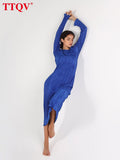 Fashion Blue Pleated Dresses For Women 2022 Autumn Open Back Long Sleeve Dresses Elegant Pencil Midi Dress Female