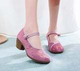 Zingj Heel High Heels Single Shoes Ethnic Style Embroidered Cloth Shoes Retro One Word With Thick Heel Solid Color Women's