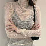 Women See Through Transparent Mesh Womens Tops And Blouses Long Sleeve Sheer Ladies Turtleneck Shirt Blouse Blusas