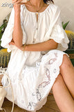 Lace Embroidery Mini Dress Women O Neck Lace Up Dress Female Ruffle Sleeve Tassle Beach Dress Ladies Hollow Out