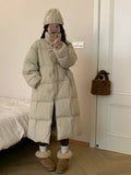East Gate Korean Horn Buckle Long Down Jacket Female 2024 Winter Temperament Over The Knee And Thick White Duck Velvet Coat Tide-Outfit