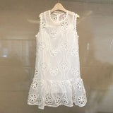 Floral Embroidery Hollow Out Lace Crochet Ruffles Dress 2020 Summer Women 's Sleeveless O-neck A-Line Mini Vest