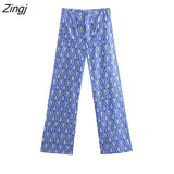 Women Vintage Floral Print Casual Slim Straight Pants Female Chic Buttons Business Long Trousers Pantalones Mujer