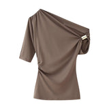 Bare Shoulder Metal Set Asymmetric Top 2025 Spring And Summer Folding Trim Short-Sleeved Women's